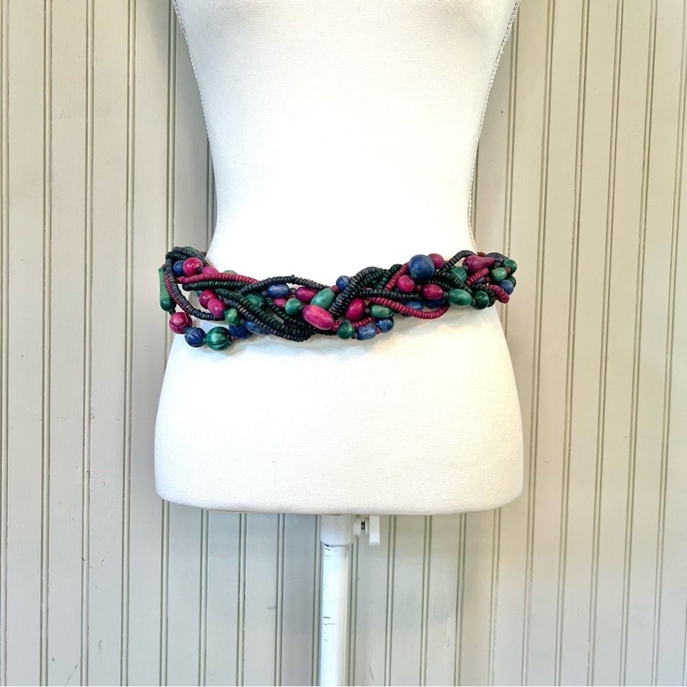 Vintage Wood Beads and Braided Leather Chunky Slouchy Belt